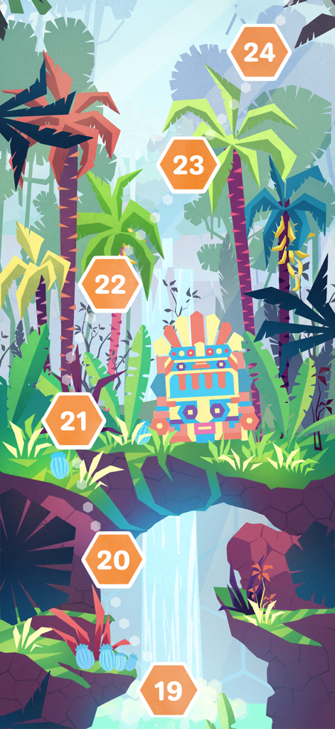 Hexologic - Sudoku Puzzle Game - Level selection screen with numbered hexagonal buttons and a colorful jungle theme in Hexologic