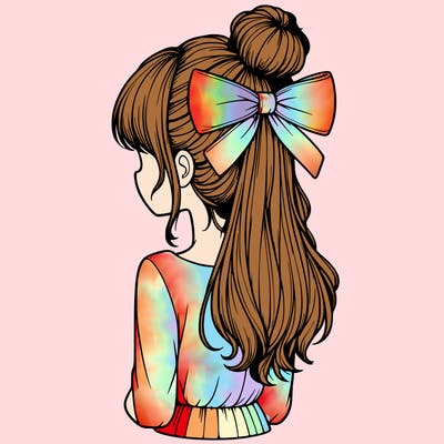 realistic girl  with hip length hair a bun and a big bow on the back of head