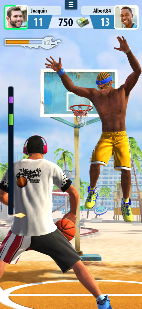 Basketball Stars™: Multiplayer - Ein 1v1-kompetitiver Basketballmatch auf einem äußeren Streetcourt, der zwei angepasste Spieler zeigt.