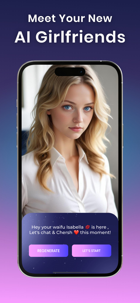 Ai Girlfriend :Virtual Chatbot - Una pantalla de smartphone mostrando la aplicación Novia IA con una compañera virtual realista llamada Isabella.