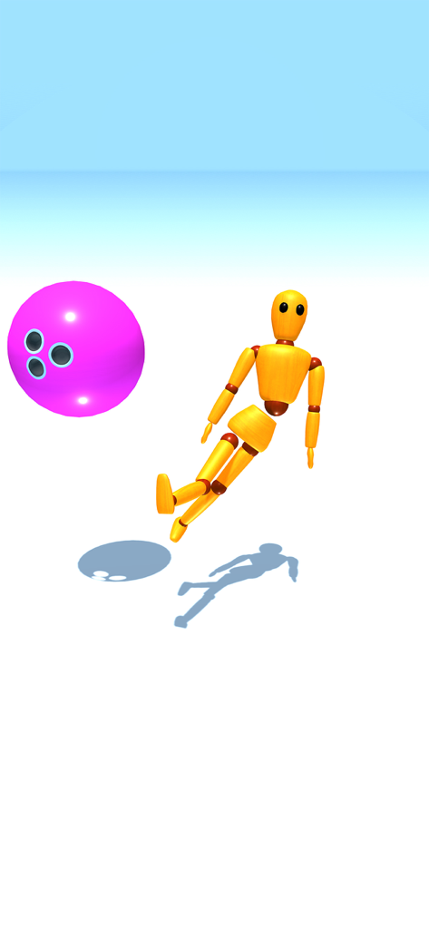 Un maniquí ragdoll de madera cayendo por el aire junto a una gran bola de bolos rosa.