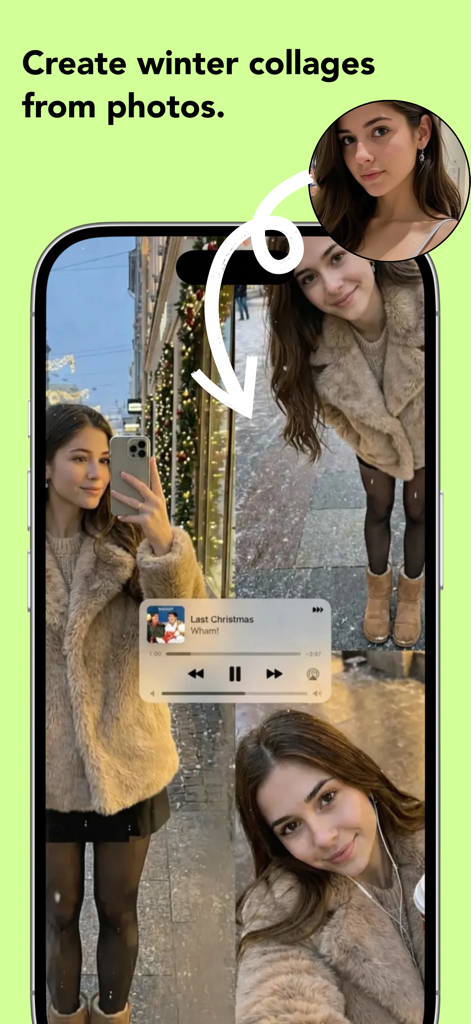 Wave AI: Image & Video Maker - Wave AI app interface showing a winter photo collage with a music player widget and seasonal background