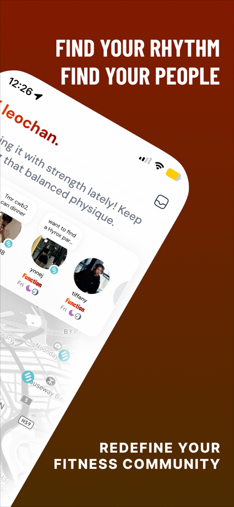 A smartphone showing the GYMRAT app social feed and map interface with the text Find your rhythm find your people.
