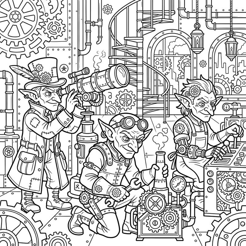 Step into a bustling world of gears and gadgets with this unique Steampunk Hobgoblins coloring page. Discover mischievous hobgoblins hard at work amidst intricate industrial fantasy machinery, ready for your creative touch.