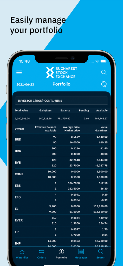 Écran de portefeuille de l'application BVB Trading affichant les symboles boursiers et les données de performance financière