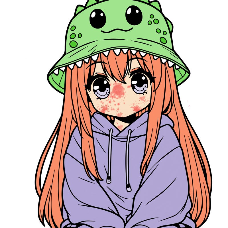 girl with anime shaped eyes with a dinosaur bucket hat oversized sweatshirt long straight hair