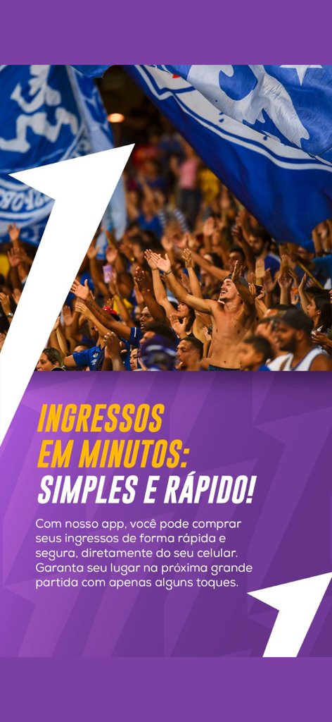 App Mineirão - Screenshot of App Mineirao showing cheering fans and promoting simple and fast online ticket sales on a purple background.