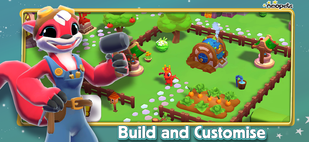 Neopets: Tales of Dacardia - A red Neopet character in overalls holding a hammer in a customizable town scene with a garden and houses