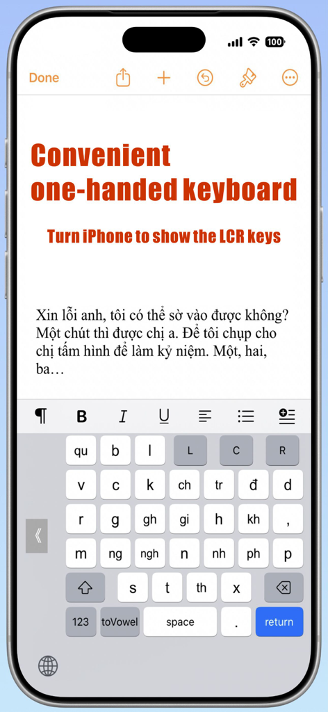 iPhone screenshot showing the NguyenKey Vietnamese one-handed keyboard with LCR alignment keys