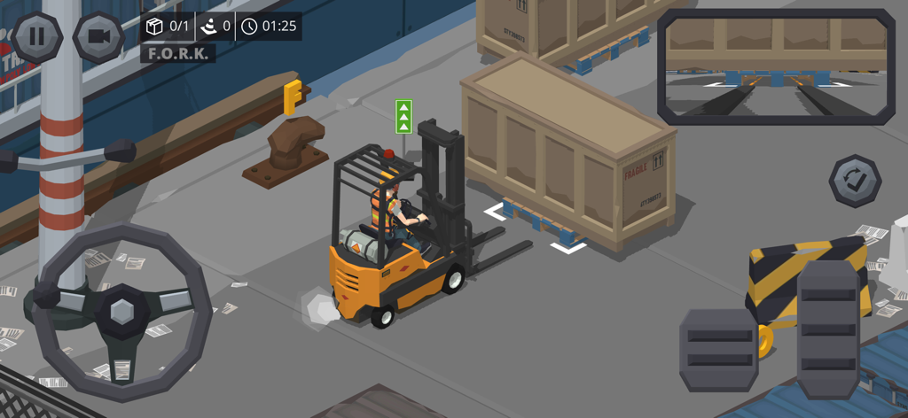 Forklift Extreme Simulator 2 - Un carrello elevatore arancione manovra vicino a una grande cassa in una simulazione di magazzino 3D