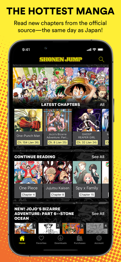 Home screen of the Shonen Jump app displaying the latest manga chapters and continue reading section