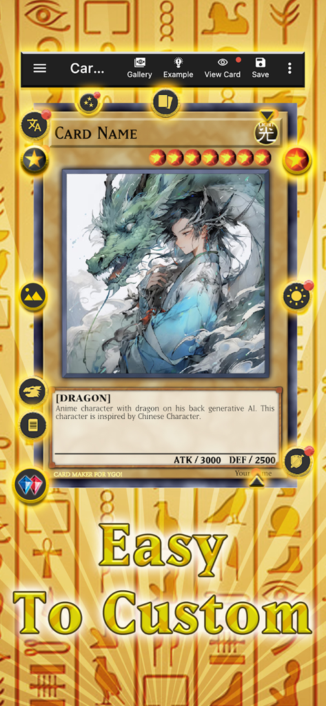Card Maker Creator for YugiOh - A mobile interface for designing custom Yu-Gi-Oh cards featuring a dragon illustration and editable stats
