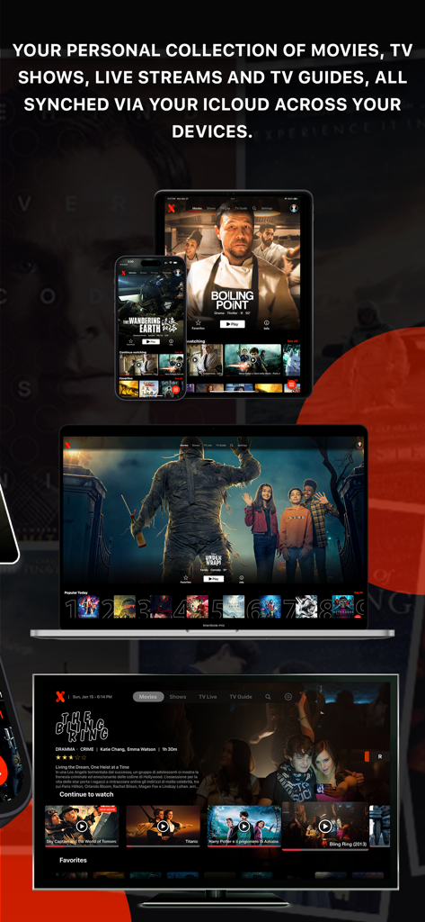 Interfaz de la aplicación IPTVX mostrada en iPhone, iPad, MacBook y Apple TV mostrando colecciones de películas y sincronización de iCloud.