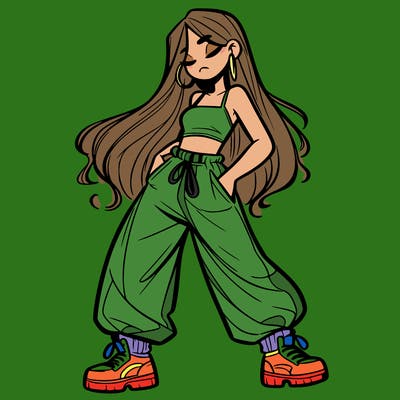 girl in baggy pants crop top and long hair