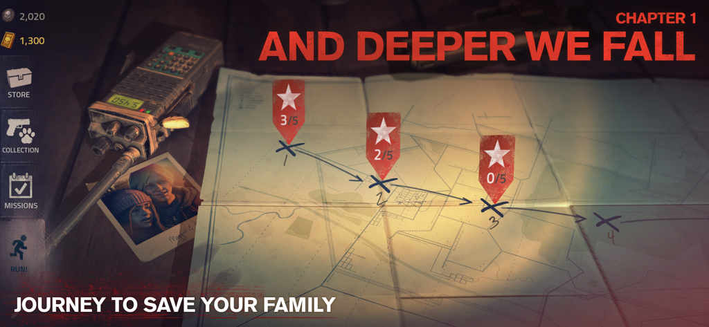 Into the Dead 2 - Mapa de misiones de Into the Dead 2 que muestra el progreso del juego para el Capítulo 1 y una fotografía familiar