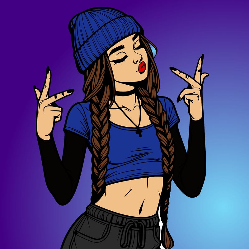 realistic teenage girl with braids and a beanie and crop top doing 🫶🏼
