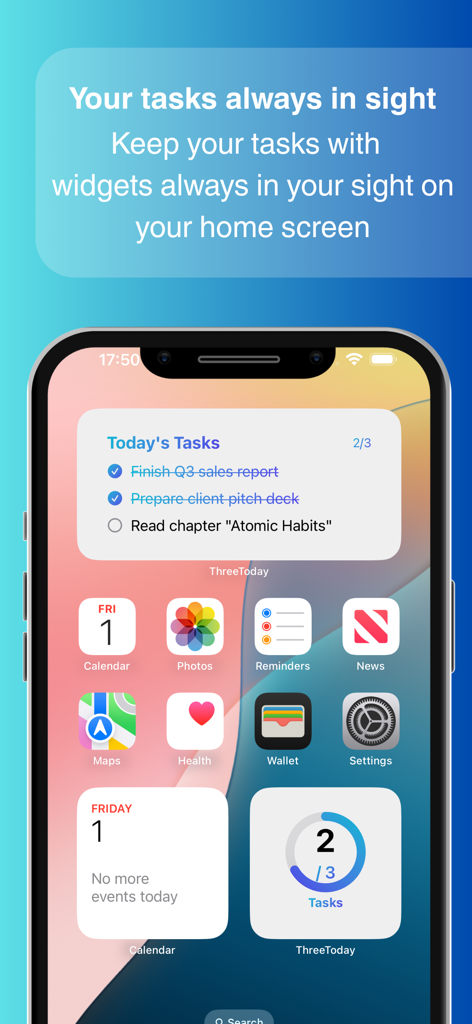 ThreeToday - Widgets de la aplicación ThreeToday en la pantalla de inicio de un iPhone mostrando tareas diarias y progreso de finalización
