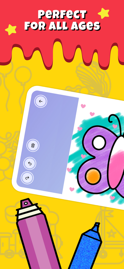 Coloring for Kids & Toddlers - A coloring page of a butterfly with drawing tools in a mobile app for kids and toddlers