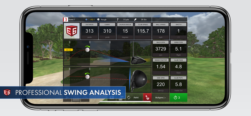 Detailed professional golf swing analysis dashboard in the E6 CONNECT app featuring ball and club performance metrics