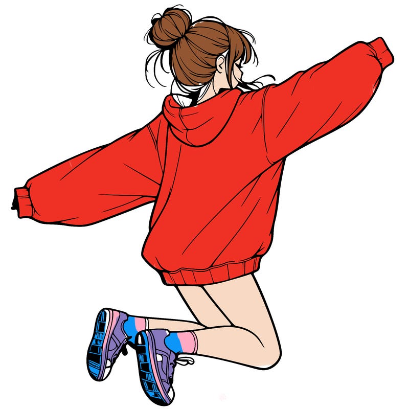 realistic girl jumping with a bun and oversized sweatshirt