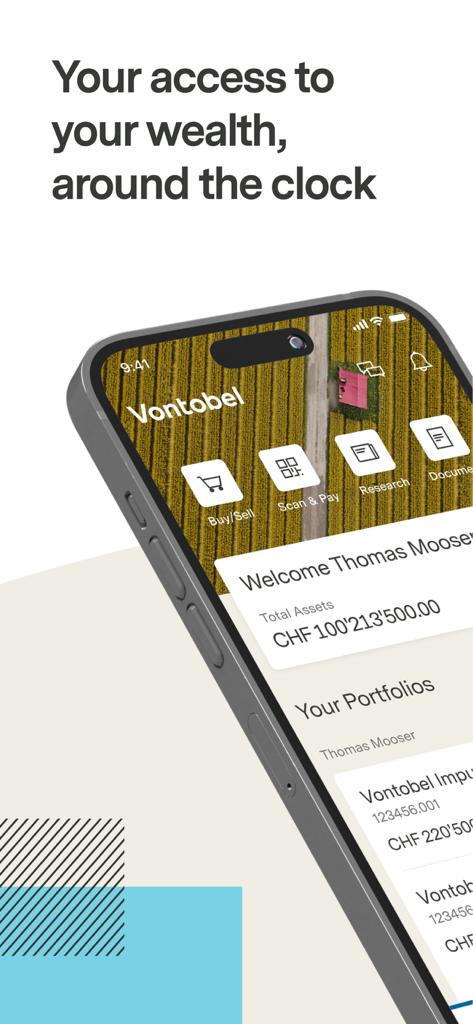 Smartphone screen showing the Vontobel Wealth app with portfolio balance and banking features