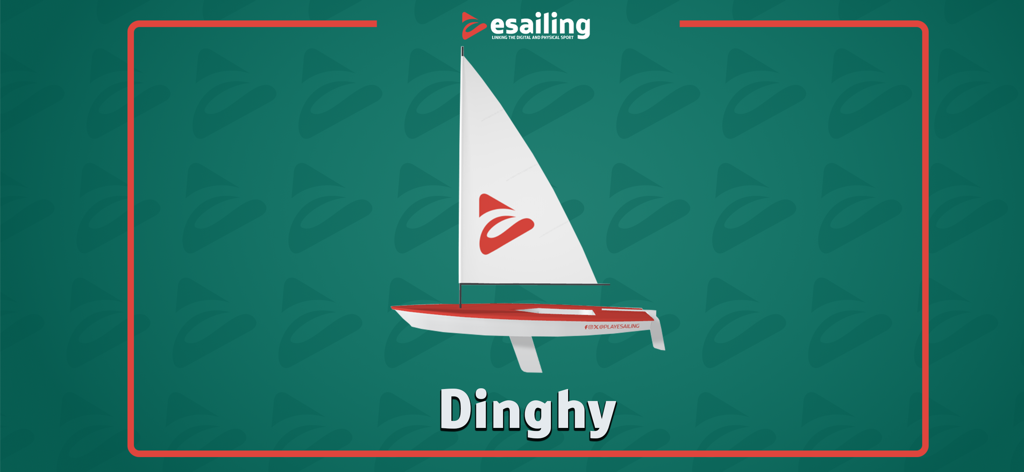 Un bote de vela tipo dinghy rojo y blanco en el simulador de regatas costeras de PlayeSailing.