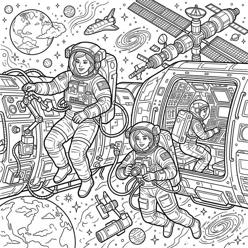 Embark on an epic cosmic journey with this dynamic coloring page featuring pioneering female astronauts. Designed with intricate details and a cool aesthetic, it's perfect for inspiring teens who dream of space exploration.