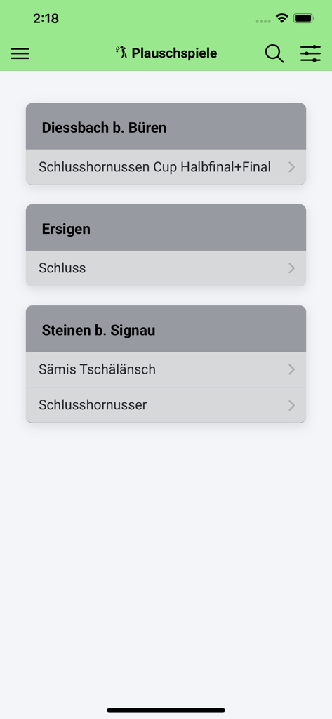 Hornussen - Eine Liste von Hornussen-Ausstellungsspielen und lokalen Clubs innerhalb der App-Oberfläche