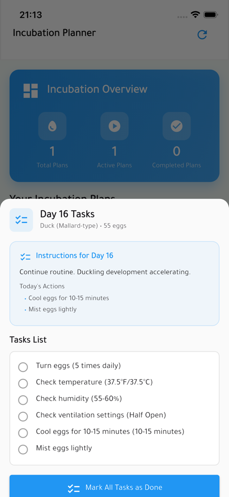 Un écran mobile montrant une liste de tâches quotidiennes et des instructions pour l'incubation des œufs de volaille.