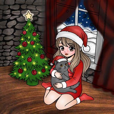 a girl wearing a santa claus hat is holding a cat in her arms, who is also wearing a santa claus hat. they are sitting near a christmas tree. there is a window next to the tree.