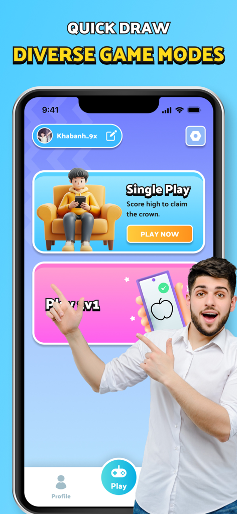 Quick Draw: AI Guess Drawing - Smartphone screen showing single play and 1v1 game modes in the Quick Draw AI drawing app