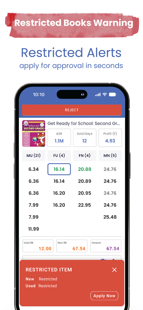 Bookzy App - Bookzy app interface showing a restricted item alert for an Amazon book listing with an apply now button