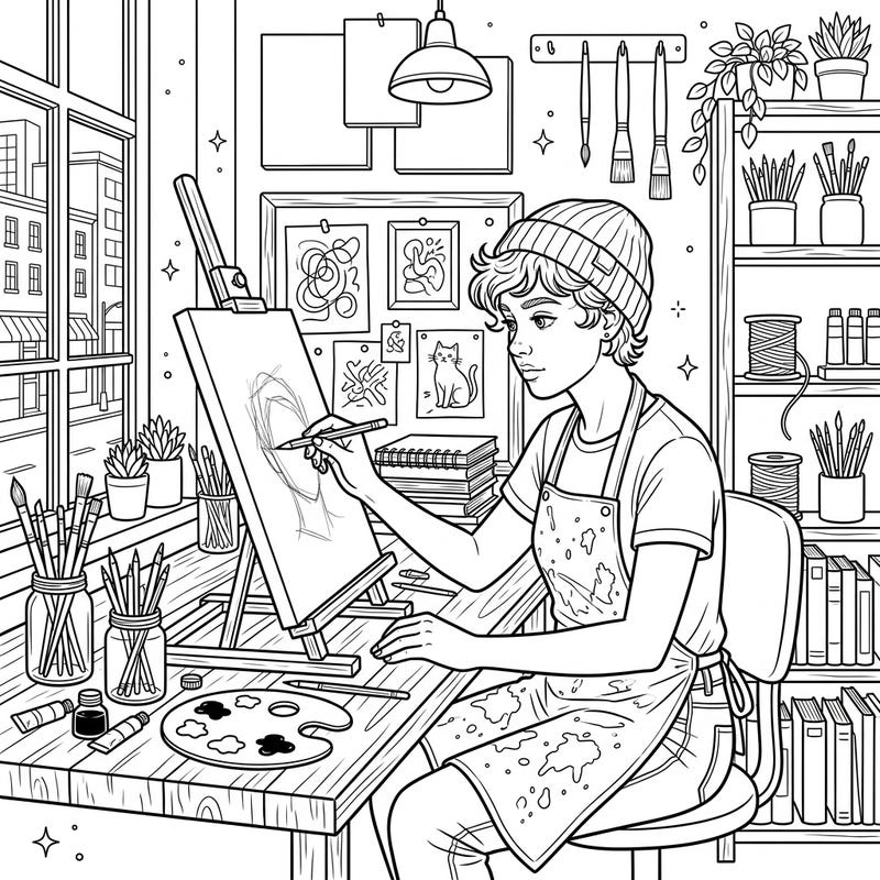 Dive into the inspiring world of an artist at work with this intricate coloring page. Capture the essence of creation as you bring a vibrant studio scene to life with your favorite colors.
