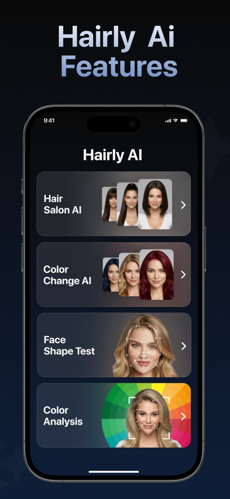 Hairly AI: Hairstyle Try On - Hairly AI app interface showing hairstyle salon, color change, face shape analysis, and seasonal color palette features on a smartphone