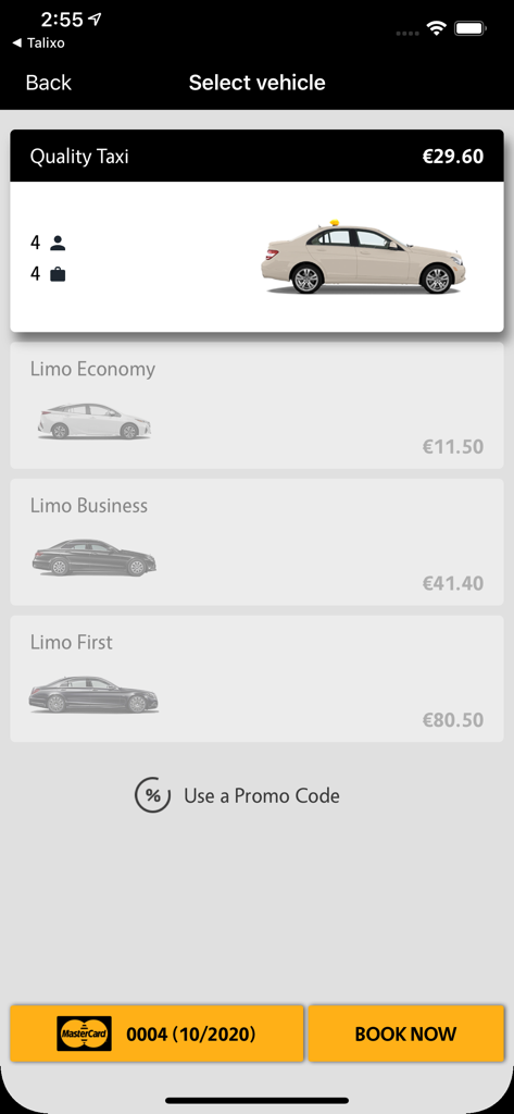 TALIXO - Taxi & Limo Booking - Talixo app interface for selecting a vehicle class including Quality Taxi, Limo Economy, Limo Business, and Limo First options with prices.