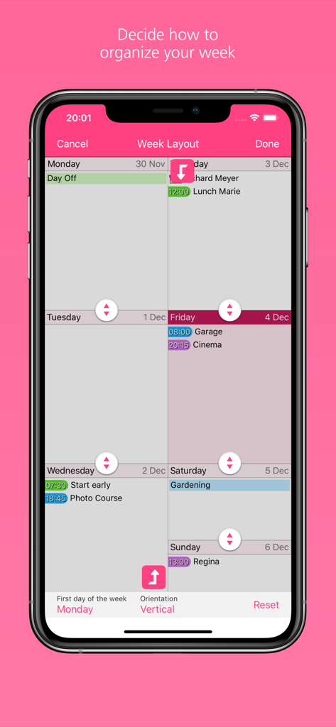 Easy Calendar app interface showing the week layout settings to customize and organize daily schedule blocks.