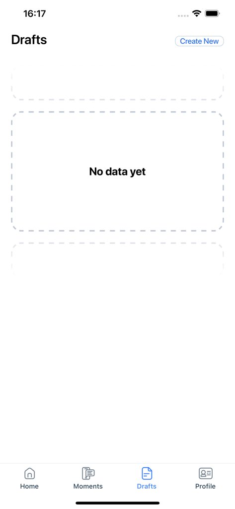 GeoBooster - Drafts screen of the GeoBooster app showing an empty state with a create new button.