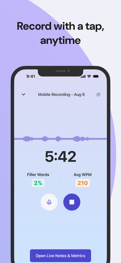Interface do aplicativo Read AI em um iPhone mostrando uma gravação de áudio ao vivo com métricas para palavras de preenchimento e palavras médias por minuto.