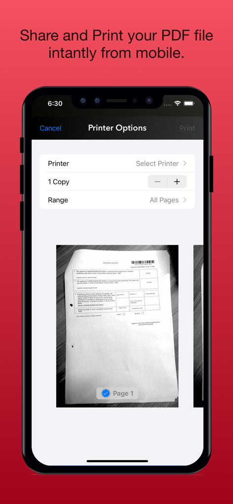 ScanCopy: PDF Editor Converter - Interfaz de una aplicación de escáner de PDF móvil que muestra opciones de impresora y una vista previa del documento para impresión instantánea