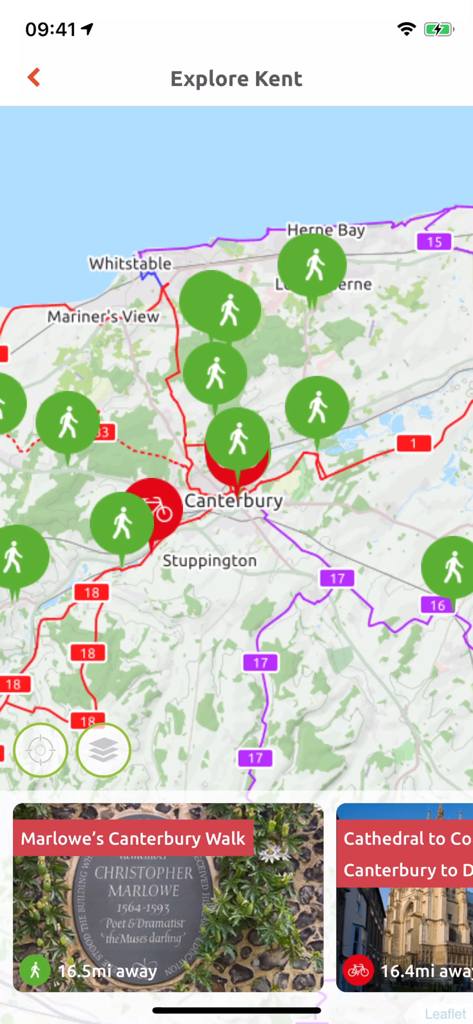 Kent Connected - Interaktive Karte in der Kent Connected App, die Fußgänger- und Radrouten anzeigt