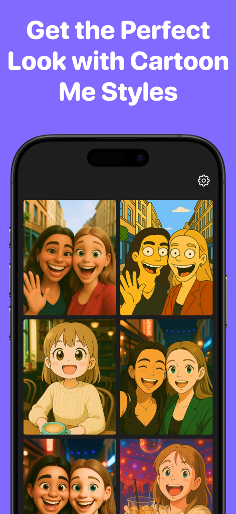 Cartoon Yourself: CartoonPic - Interfaz de la aplicación mostrando varios estilos de filtros de caricatura y anime aplicados a fotos de usuarios
