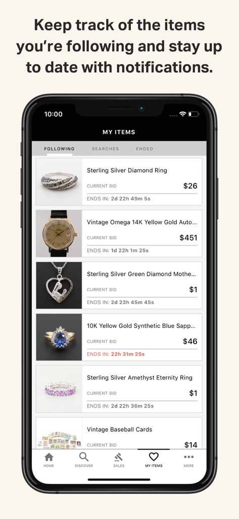 EBTH mobile app screen displaying a user watchlist with jewelry and vintage watches including current bid prices and auction countdowns