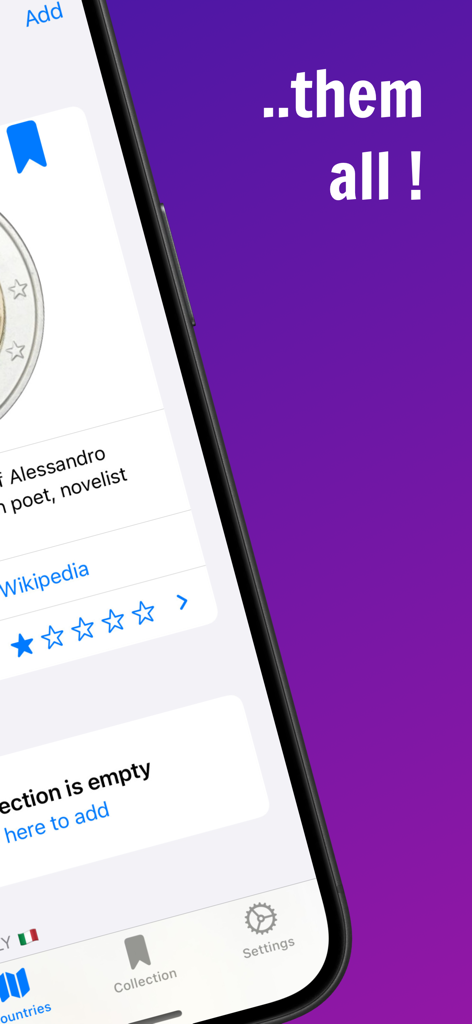 2 Euro - Mobile app interface showing details and collection status of a 2 Euro commemorative coin