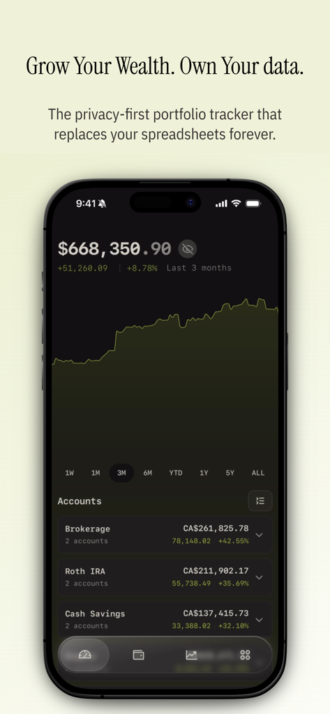 Wealthfolio: Private Finance - Aplicativo Wealthfolio no iPhone mostrando um gráfico de crescimento de patrimônio líquido e lista de contas de investimento.