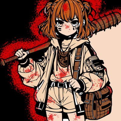 an anime girl with a baseball bat and streetwear