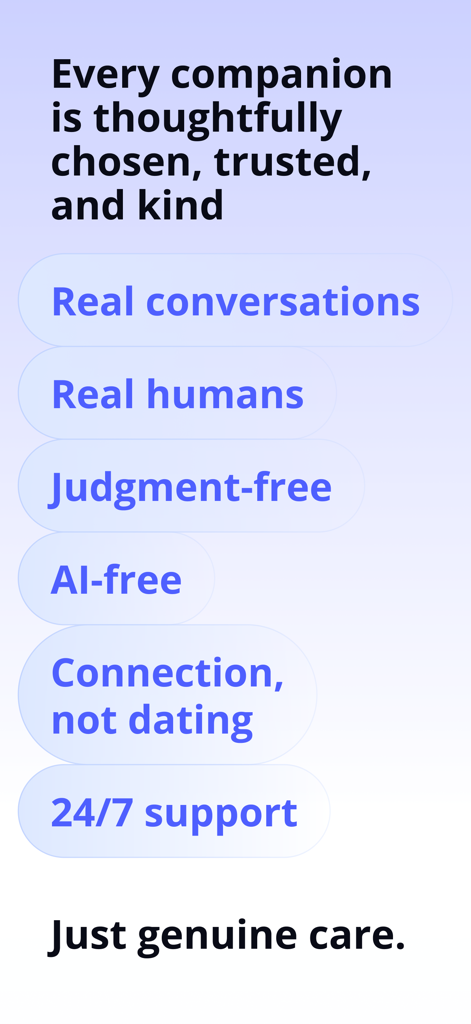 NewCircle: Talk & Support - NewCircle app features highlighting human connection, AI-free conversations, and 24/7 support