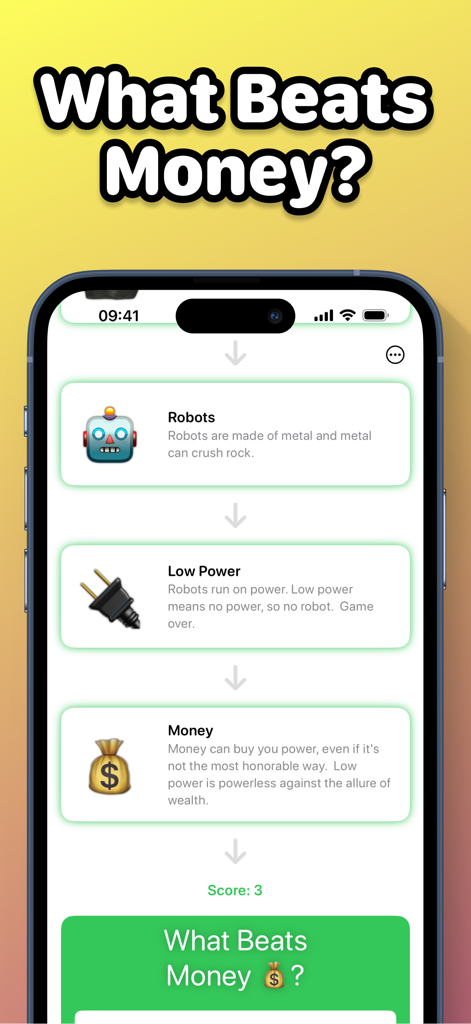 What Beats Rock - Gameplay mobile di What Beats Rock che mostra una catena logica in cui il denaro batte la bassa energia