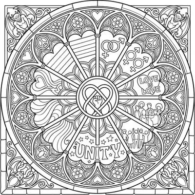 Immerse yourself in a beautiful fusion of historical artistry and modern celebration with this stunning Pride Rose Window coloring page. Perfect for expressing creativity and solidarity, it's a wonderful way to honor love and diversity.