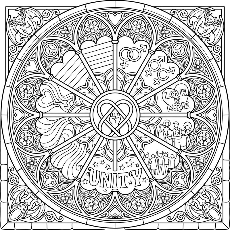Immerse yourself in a beautiful fusion of historical artistry and modern celebration with this stunning Pride Rose Window coloring page. Perfect for expressing creativity and solidarity, it's a wonderful way to honor love and diversity.