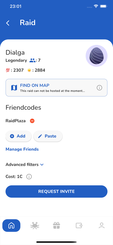 Pantalla de la aplicación Raid Plaza para solicitar una invitación a una incursión remota legendaria de Dialga